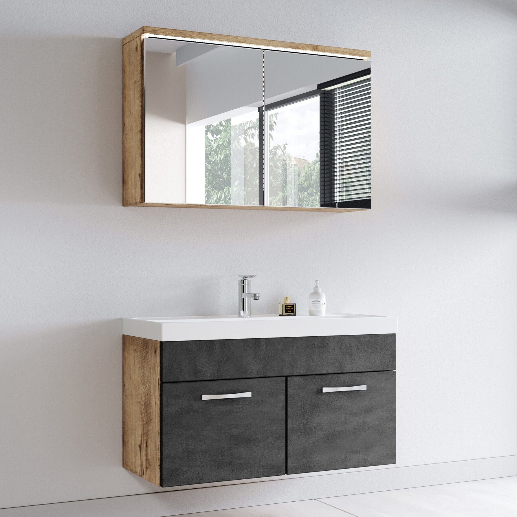 Meuble de salle de bain Paso 02 80 x 40 cm lavabo Chêne châtaignier avec gris – Armoire de rangement miroir armoire miroir 1