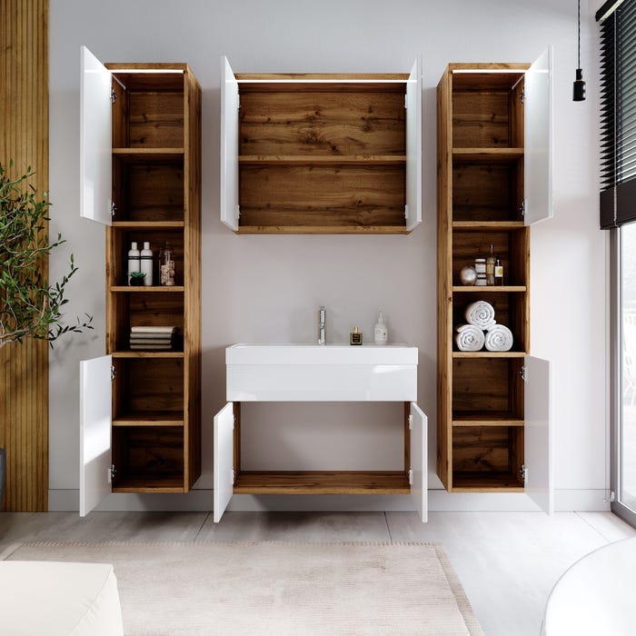 Meuble de salle de bain Paso XL 80 x 40 cm Chene avec Blanc – Armoire de rangement Meuble lavabo evier Meuble lavabo 3