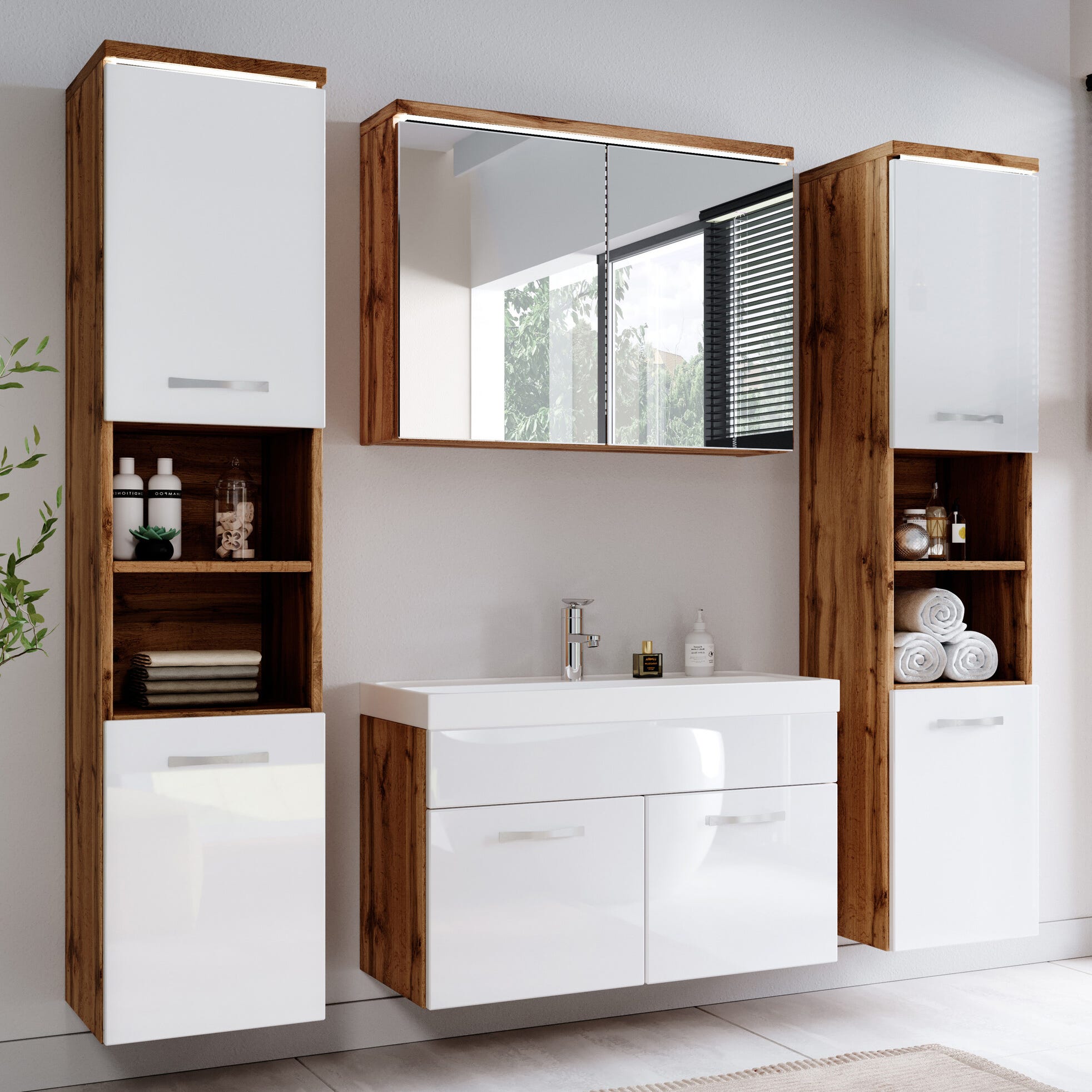 Meuble de salle de bain Paso XL 80 x 40 cm Chene avec Blanc – Armoire de rangement Meuble lavabo evier Meuble lavabo 1