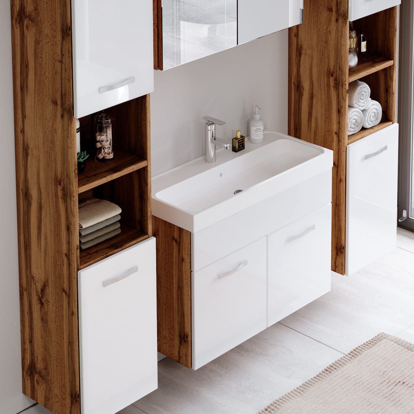Meuble de salle de bain Paso XL 80 x 40 cm Chene avec Blanc – Armoire de rangement Meuble lavabo evier Meuble lavabo 4