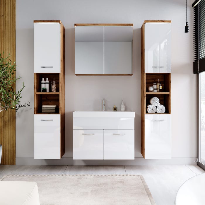 Meuble de salle de bain Paso XL 80 x 40 cm Chene avec Blanc – Armoire de rangement Meuble lavabo evier Meuble lavabo 2