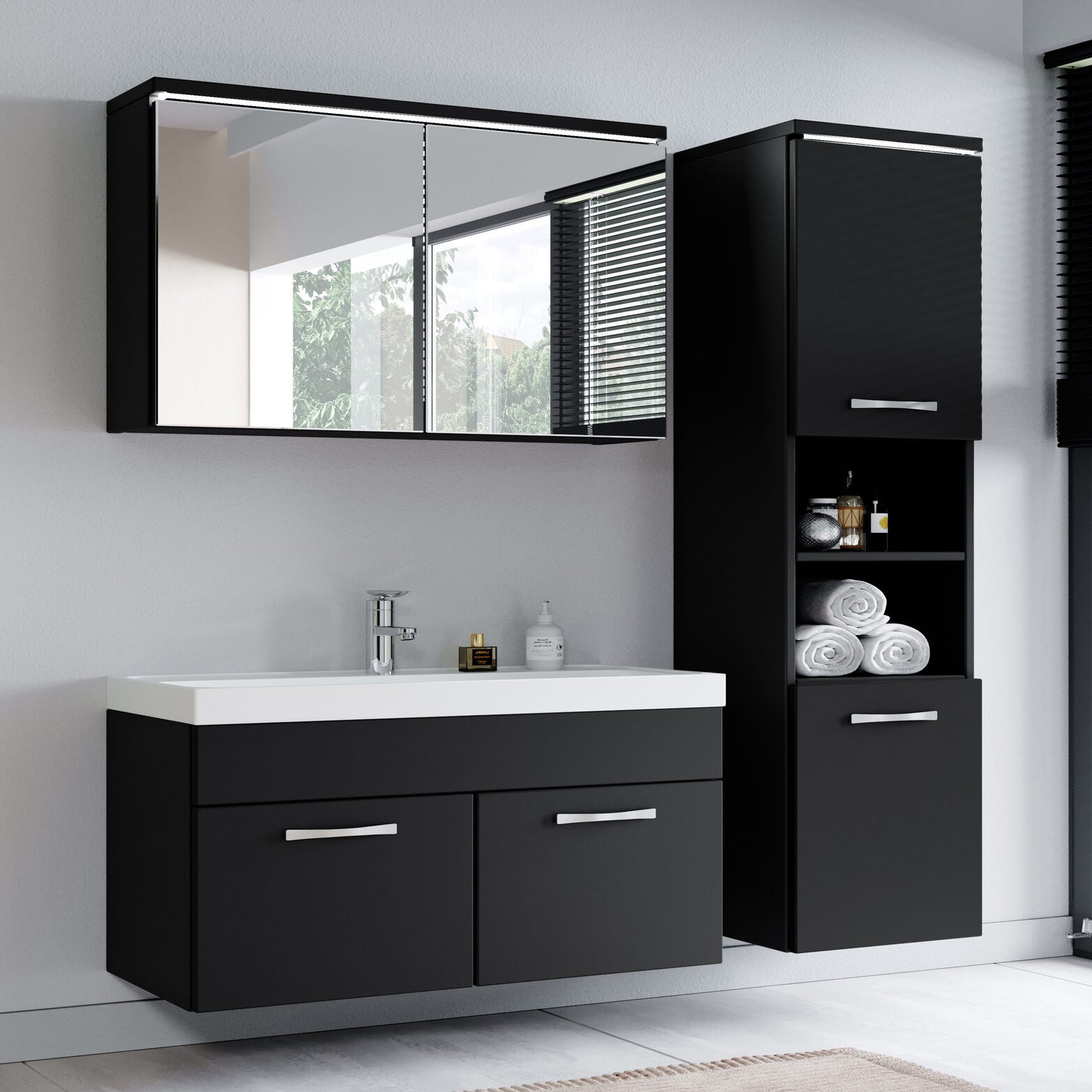 Meuble de salle de bain de Paso 80 x 40 cm lavabo Noir mat – Armoire de rangement Meuble lavabo armoire miroir 1