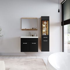 Meuble de salle de bain Rio LED 60 cm lavabo Chene chataignier avec noir mat - Armoire de rangement Meuble lavabo 2