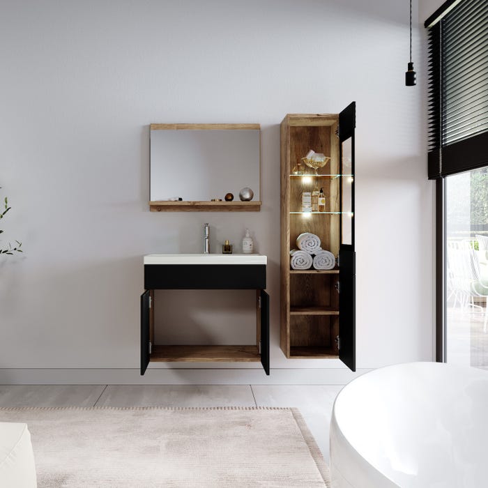 Meuble de salle de bain Rio LED 60 cm lavabo Chene chataignier avec noir mat - Armoire de rangement Meuble lavabo 3