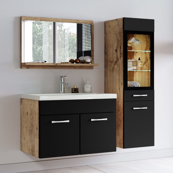 Meuble de salle de bain Rio LED 60 cm lavabo Chene chataignier avec noir mat - Armoire de rangement Meuble lavabo 1