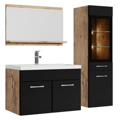 Meuble de salle de bain Rio LED 60 cm lavabo Chene chataignier avec noir mat - Armoire de rangement Meuble lavabo 0