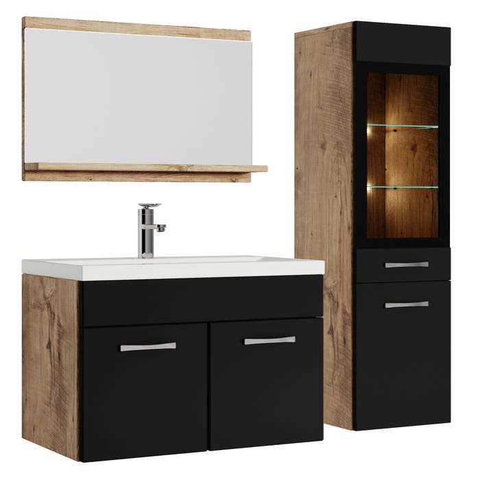 Meuble de salle de bain Rio LED 60 cm lavabo Chene chataignier avec noir mat - Armoire de rangement Meuble lavabo 0