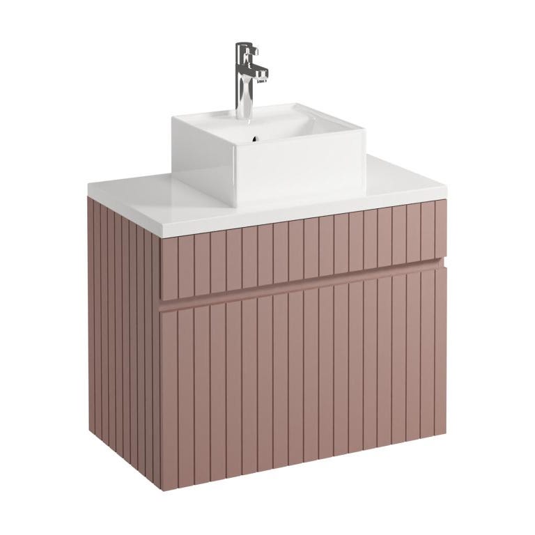 Meuble de salle de bain suspendu strié rose avec vasque à poser - 80 cm - SATARA 2