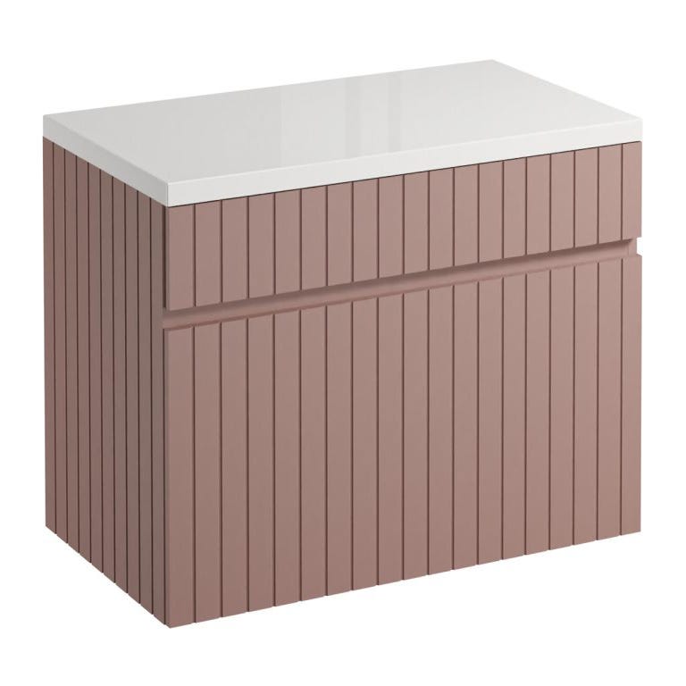 Meuble de salle de bain suspendu strié rose avec vasque à poser - 80 cm - SATARA 4