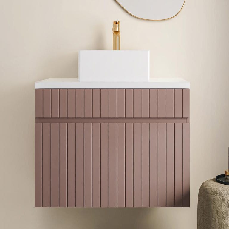 Meuble de salle de bain suspendu strié rose avec vasque à poser - 80 cm - SATARA 1