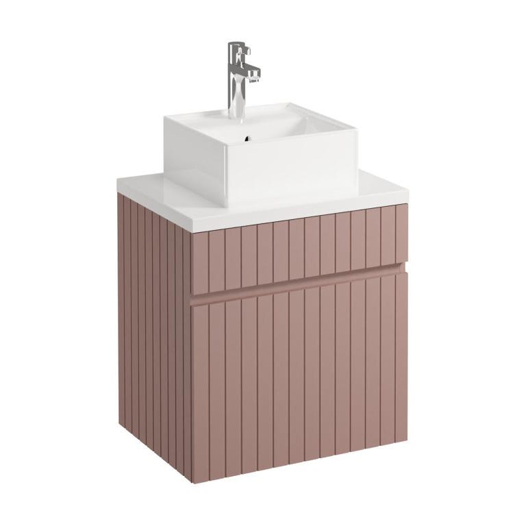 Meuble de salle de bain suspendu strié rose avec vasque à poser - 60 cm - SATARA 2