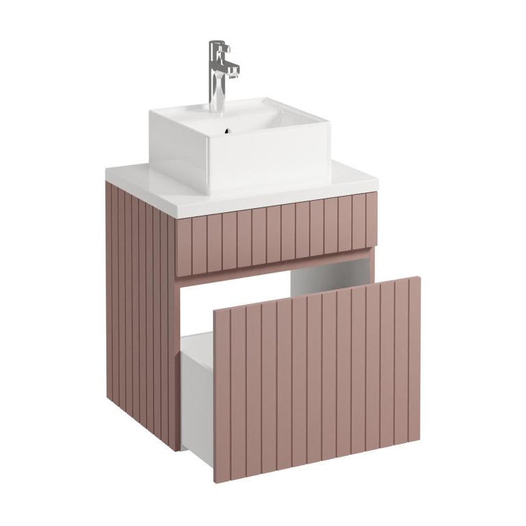 Meuble de salle de bain suspendu strié rose avec vasque à poser - 60 cm - SATARA 3