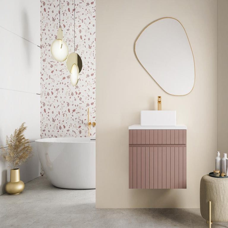 Meuble de salle de bain suspendu strié rose avec vasque à poser - 60 cm - SATARA 0