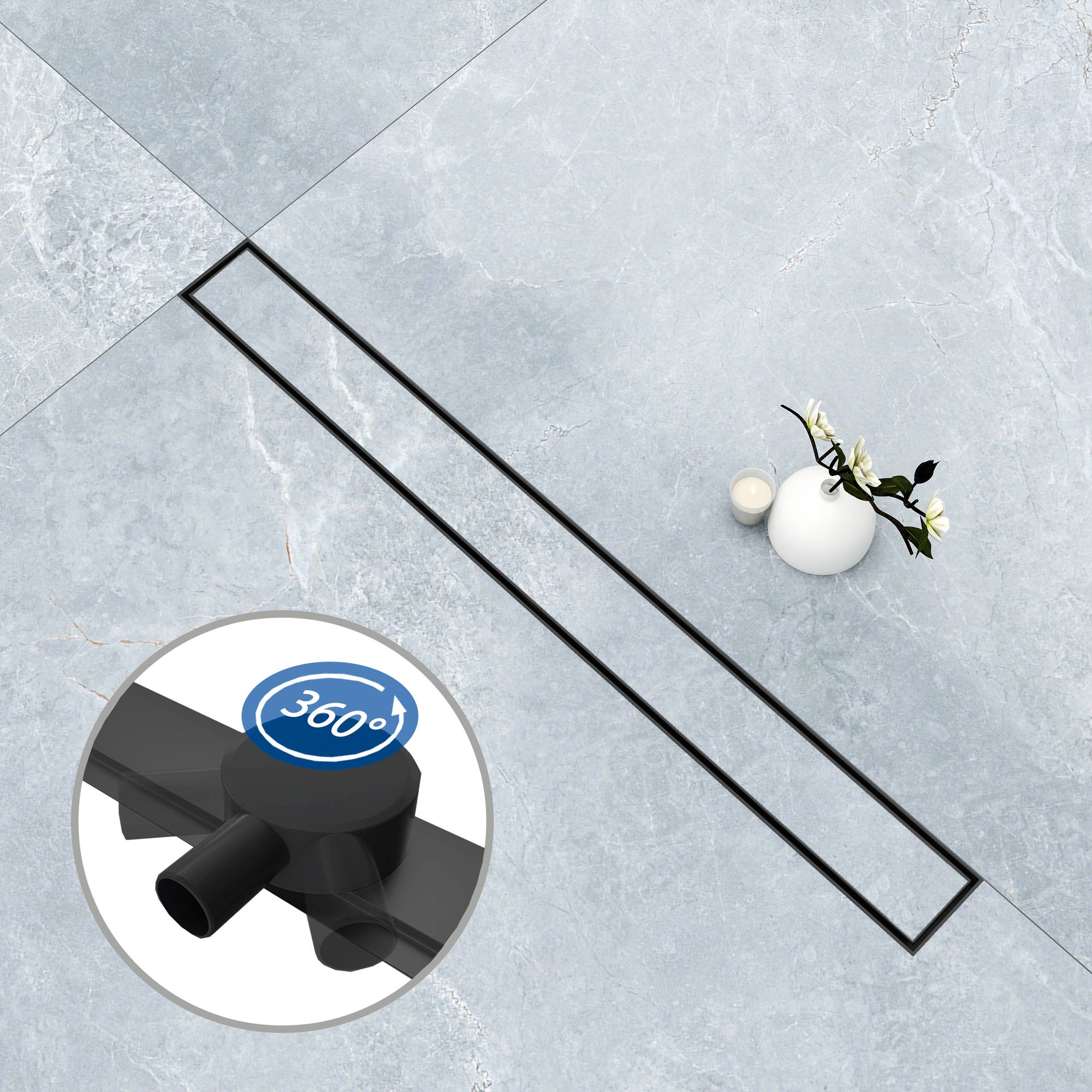 AICA Caniveau de douche italien en inox 2 en 1 + siphon 360°, siphon de vidange noir mat, réglable en hauteur avec désodorisant - 80 cm 0