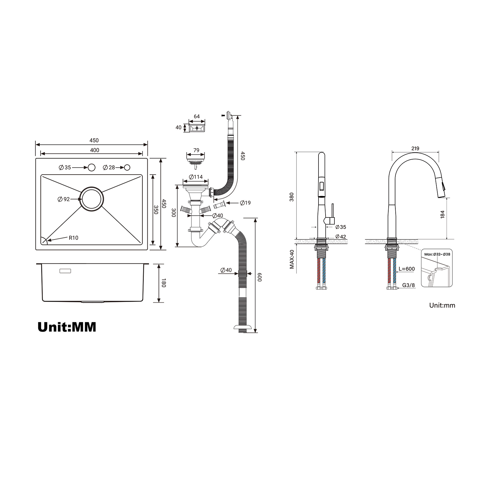 AURALUM Évier Cuisine 1Bac 45x45CM Acier Inoxydable 304 ,encastré/à Poser+Mitigeur Cuisine,avec Douchette Extractible,2 Modes,Eau Froide/Chaude,Brossé 1