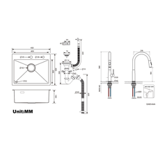 AURALUM Évier Cuisine 1Bac 45x45CM Acier Inoxydable 304 ,encastré/à Poser+Mitigeur Cuisine,avec Douchette Extractible,2 Modes,Eau Froide/Chaude,Brossé 1