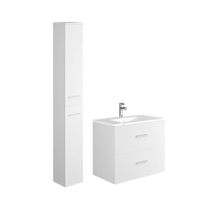 Meuble de salle de bain suspendu simple vasque avec colonne de rangement - Coloris blanc - 80 cm - KAYLA 2