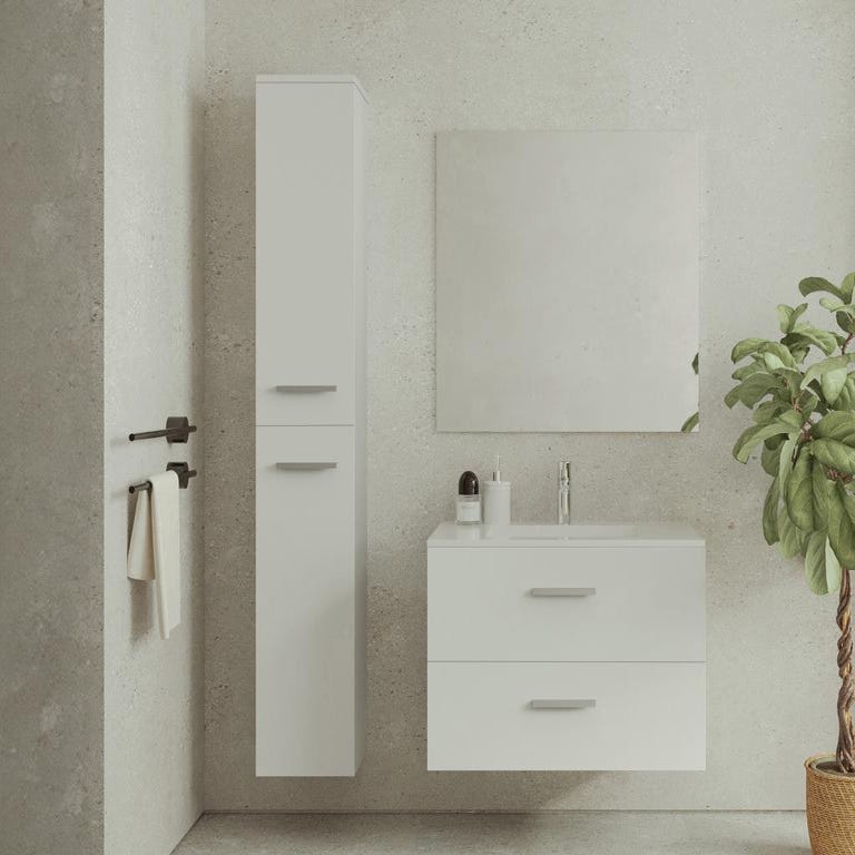 Meuble de salle de bain suspendu simple vasque avec colonne de rangement - Coloris blanc - 80 cm - KAYLA 1