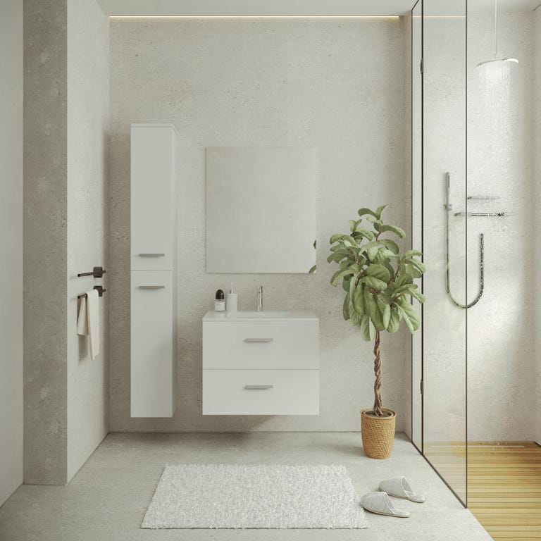 Meuble de salle de bain suspendu simple vasque avec colonne de rangement - Coloris blanc - 80 cm - KAYLA 0