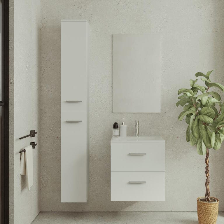 Meuble de salle de bain suspendu simple vasque avec colonne de rangement - Coloris blanc - 60 cm - KAYLA 1