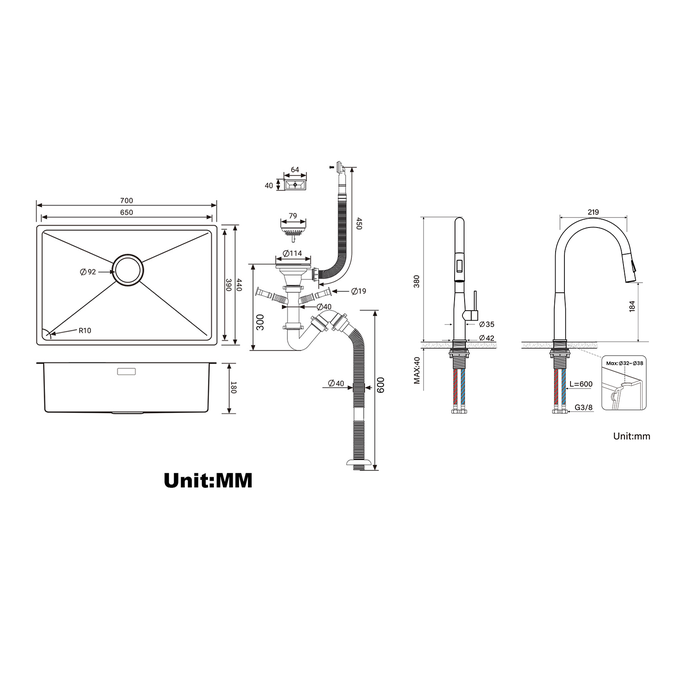 AURALUM Évier Cuisine 1 Bac 70*44*19CM,à Encastrer/Fleur/Sous-Plan,Siphon/Trop-Plein+Robinet Cuisine avec Douchette Extractible,Bec en Forme U,Noir 1