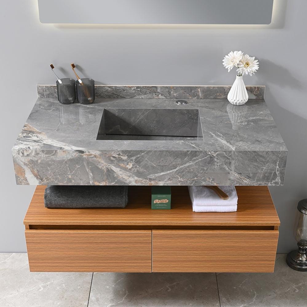 Meuble salle de bain simple vasque grise ROSA 100 cm + miroir 8