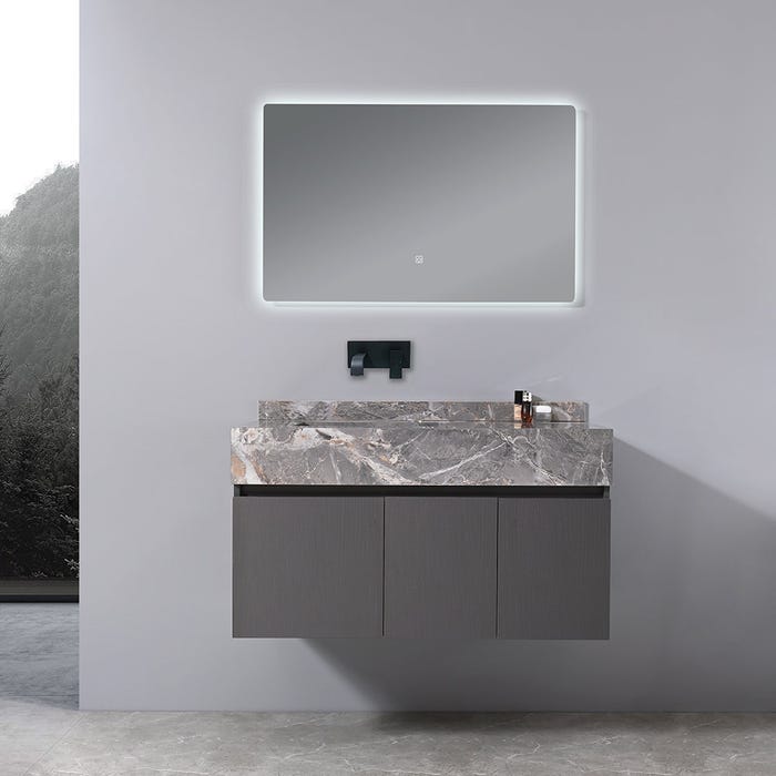 Meuble salle de bain simple vasque grise VICTORIA 100 cm + miroir 0