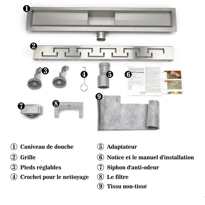 AICA caniveau de douche en acier inoxydable italien,siphon de drainage au sol en carrelage,réglable en hauteur avec désodorisant- Style 4-90 cm 2