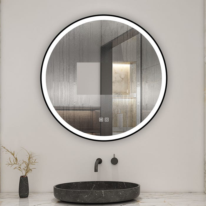 AICA Miroir lumineux 80cm rond, 3 couleurs + anti-buée + dimmable + mémoire, miroir salle de bain 3