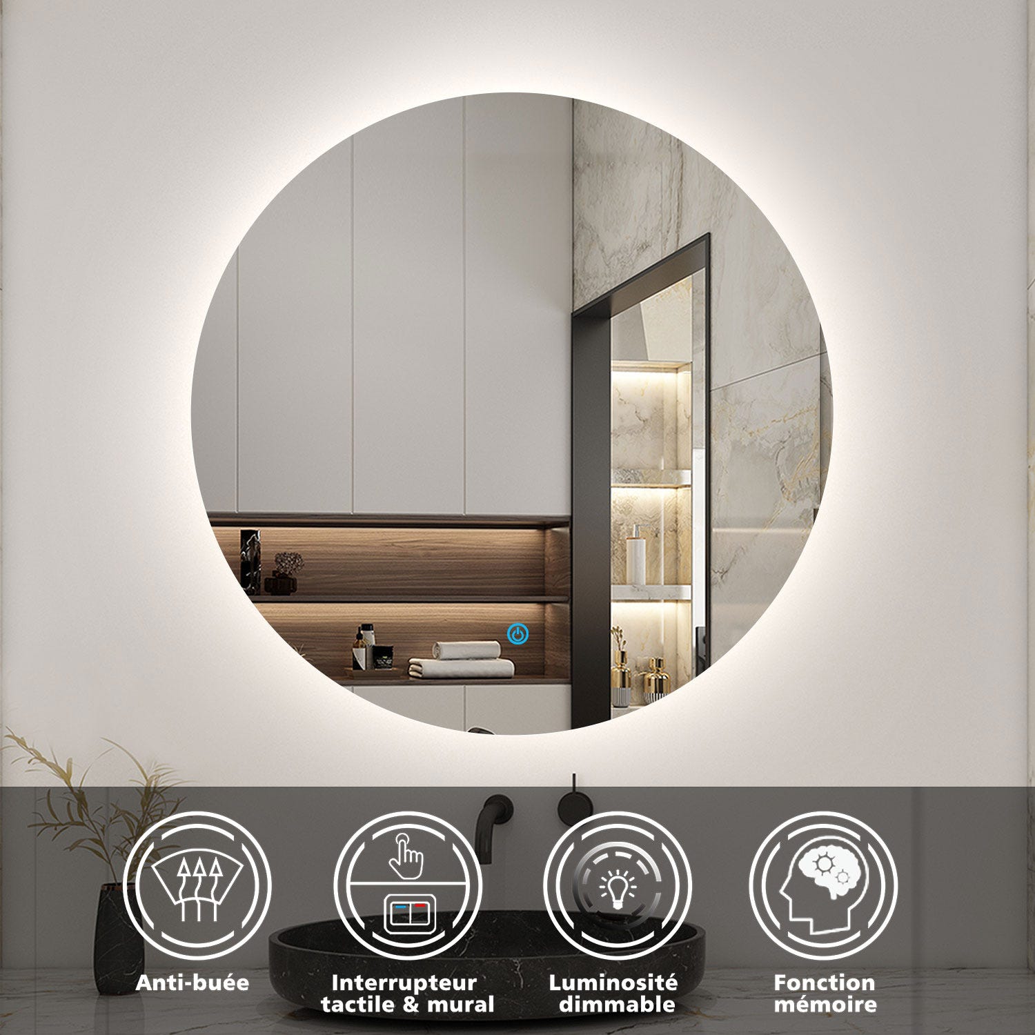 AICA LED Miroir lumineux rond 100cm anti-buée + dimmable + mémoire miroir salle de bain 1