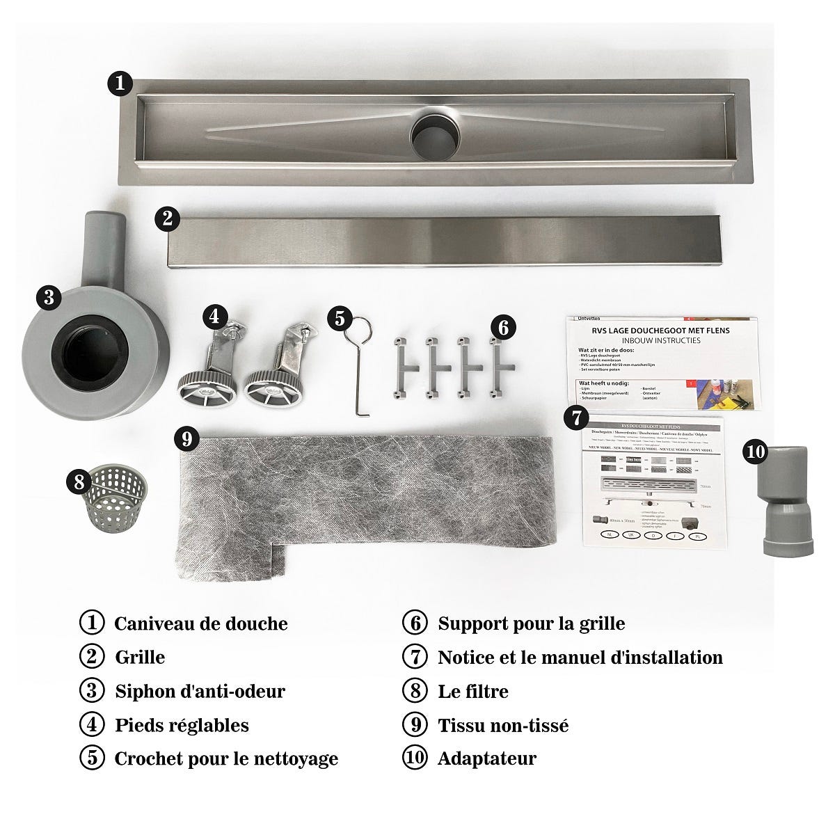 AICA caniveau de douche en acier inoxydable italien 2 en 1+siphon 360°, Siphon de drainage, réglable en hauteur avec désodorisant - 90 cm 2