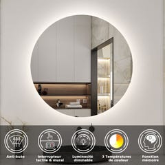 AICA LED Miroir lumineux rond 80cm 3 couleurs + anti-buée + dimmable + mémoire miroir salle de bain 1