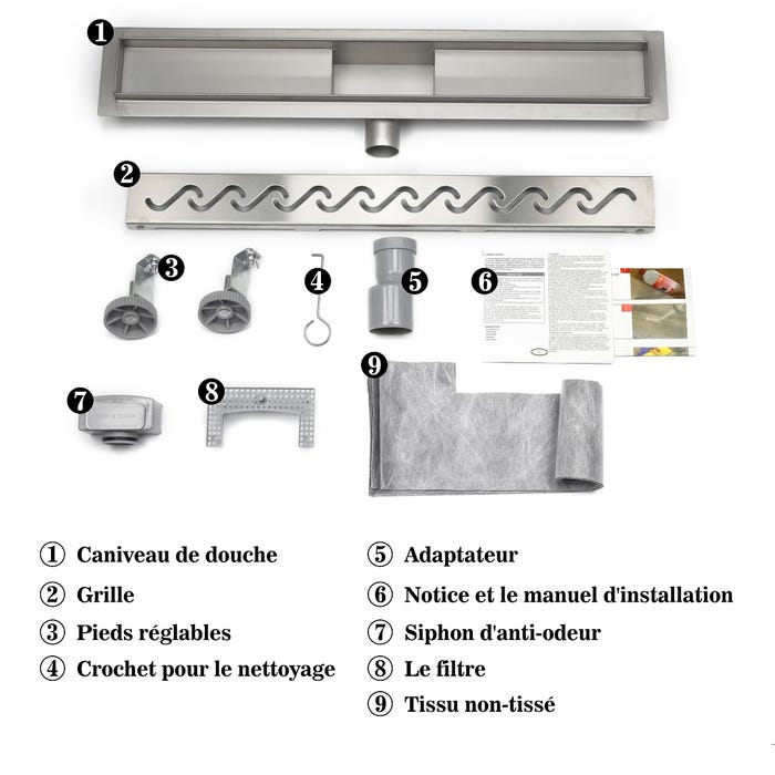 AICA caniveau de douche en acier inoxydable italien,siphon de drainage au sol en carrelage,réglable en hauteur avec désodorisant- Style 2-90 cm 2