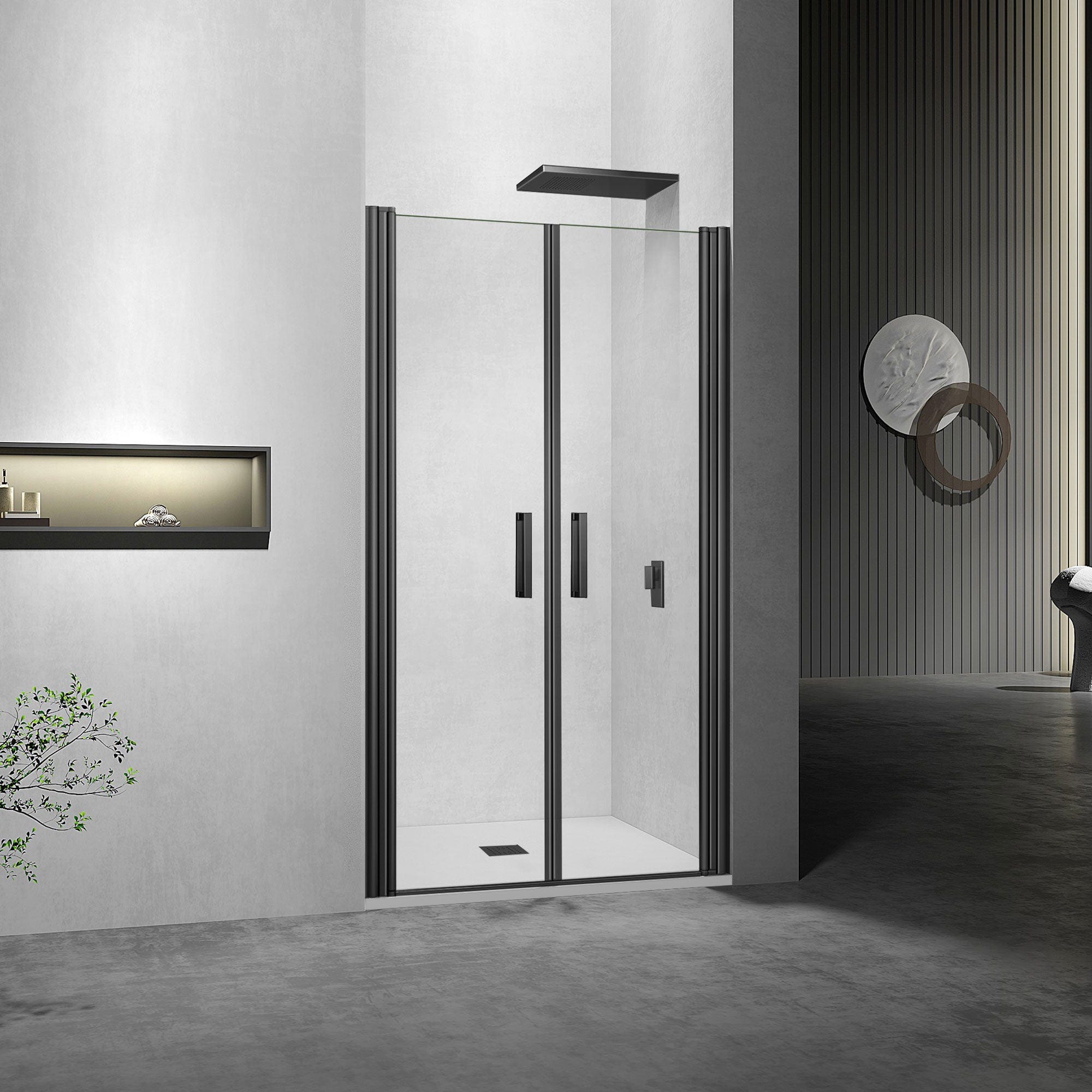 GRAND VERRE Porte de douche battante 110x197 à largeur réglable cm verre 6mm et profilés noirs 0