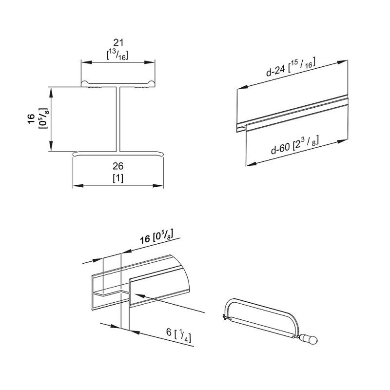 Kit profil en H pour porte 16 mm - L : 1800 mm - or 5