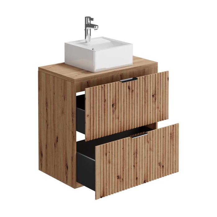 Meuble de salle de bain suspendu strié avec vasque à poser et colonne - Naturel clair - 80 cm - ZEVARA 3