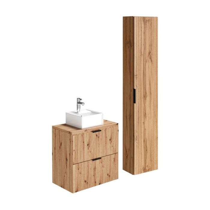 Meuble de salle de bain suspendu strié avec vasque à poser et colonne - Naturel clair - 80 cm - ZEVARA 1