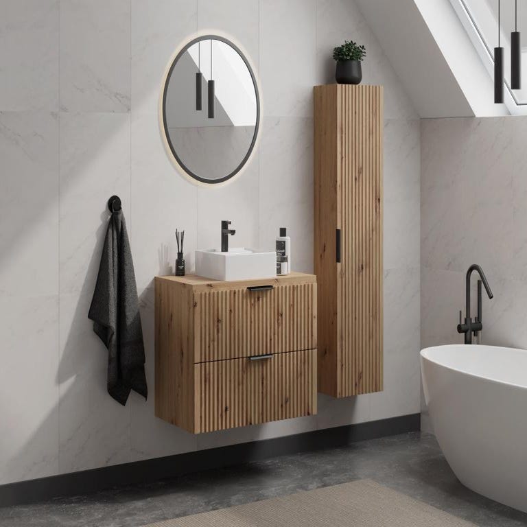Meuble de salle de bain suspendu strié avec vasque à poser et colonne - Naturel clair - 80 cm - ZEVARA 0