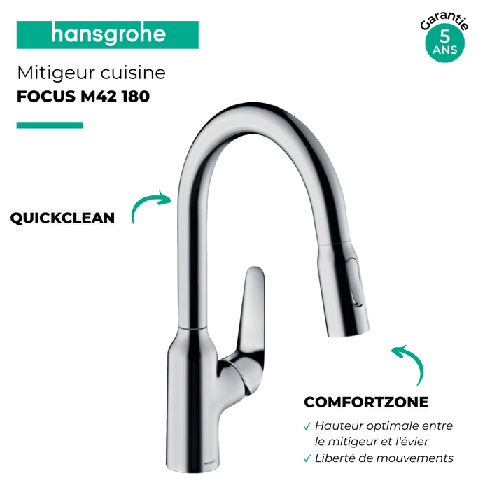 Robinet de cuisine avec douchette HANSGROHE Focus M42 180 2 jets chromé + nettoyant Briochin 2