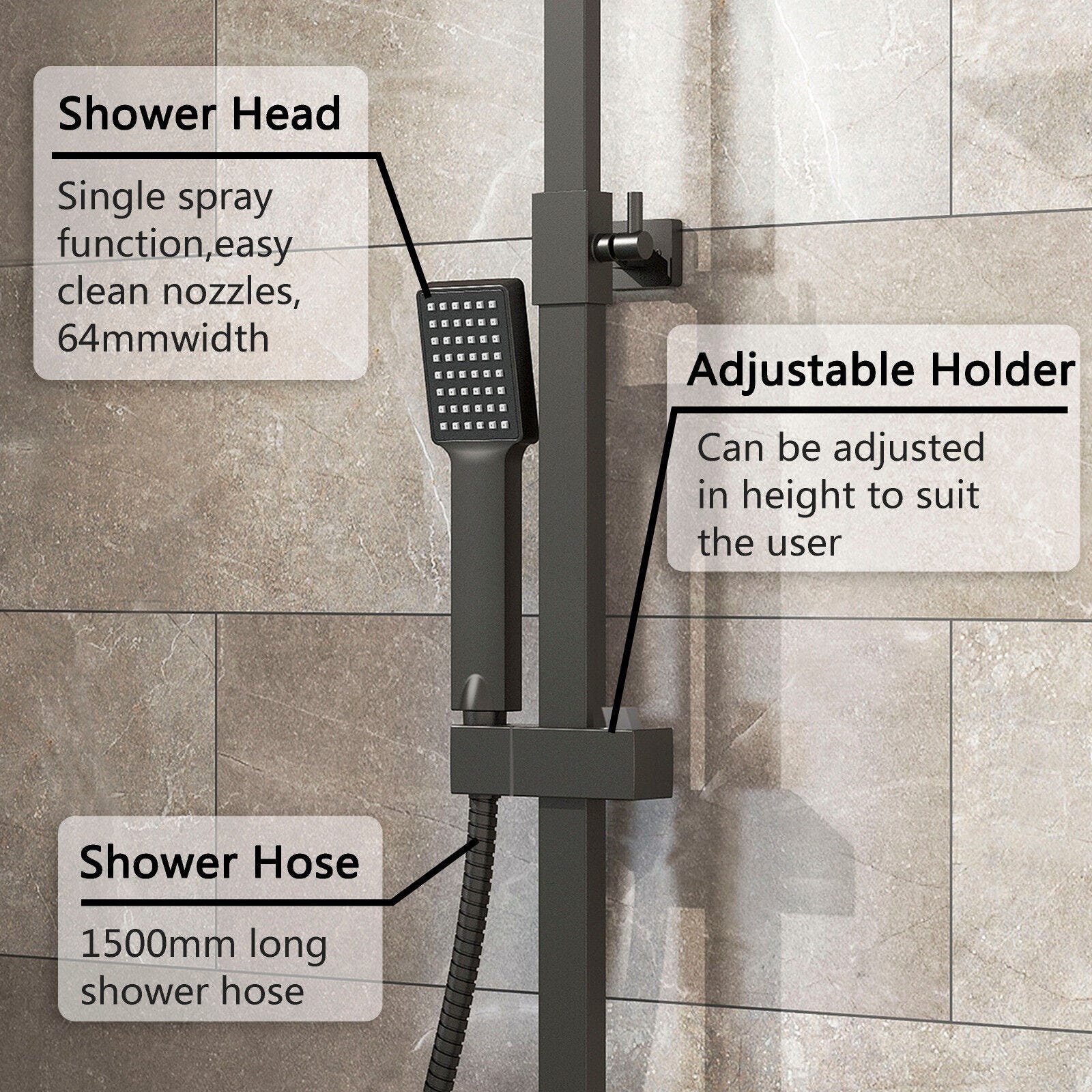 Colonne de douche thermostatique carrée noire avec réglage en hauteur AICA 3