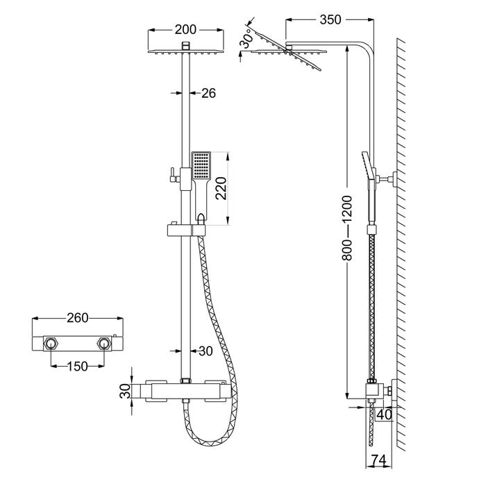 Colonne de douche thermostatique carrée noire avec réglage en hauteur AICA 5