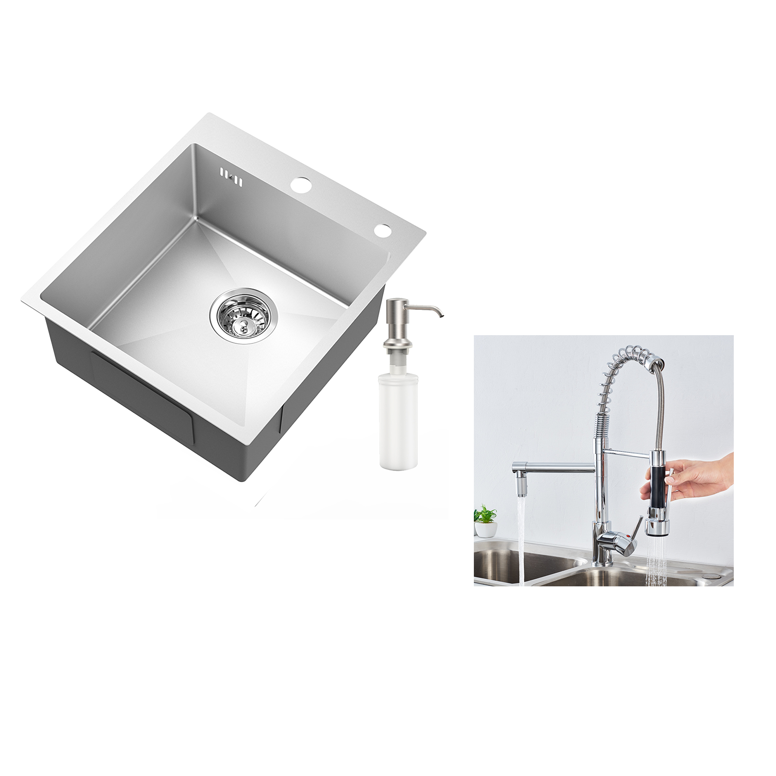 AuraLum Évier Cuisine 1Bac Argent,44*49*20 CM,avec Distributeur Savon,Inox+Robinet Cuisine Rotatif 360° Douchette Extractible 0