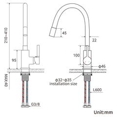 AuraLum Évier Cuisine 1Bac Argent,44*49*20 CM,avec Distributeur Savon,Inox+Robinet de Cuisine Flexible Bec Haut Orientable 6