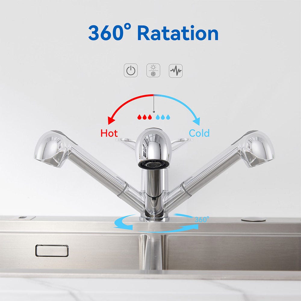 Évier Cuisine 1 Bac 70*44*19CM,à Encastrer/Fleur/Sous-Plan,avec Siphon/Trop-Plein+Mitigeur Cuisine avec Douchette Extractible Rotatif 360° ,Chromé 3