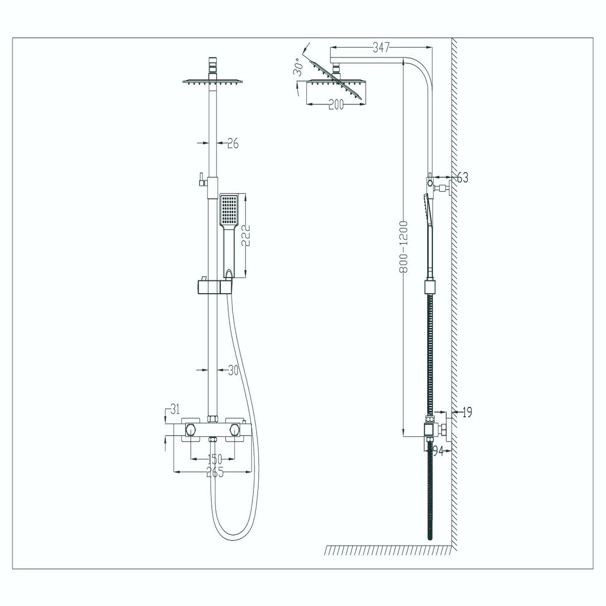 AICA Colonne de douche thermostatique carrée avec douchette, salle de bain réglable en hauteur 80-120 cm 1