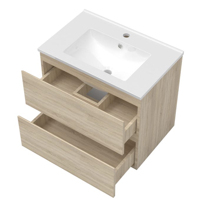 Ensemble meuble vasque L.80cm 2 tiroirs + lavabo + LED miroir rond 80cm,chêne 1