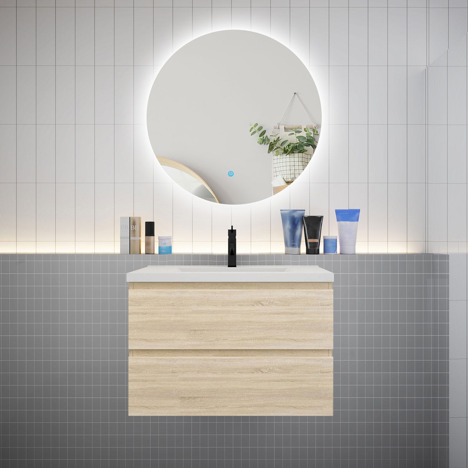Ensemble meuble vasque L.80cm 2 tiroirs + lavabo + LED miroir rond 80cm,chêne 0