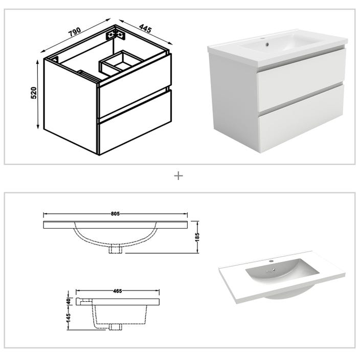 Ensemble meuble simple vasque 80cm 2 tiroirs + lavabo + colonne + miroir rond,blanc 3