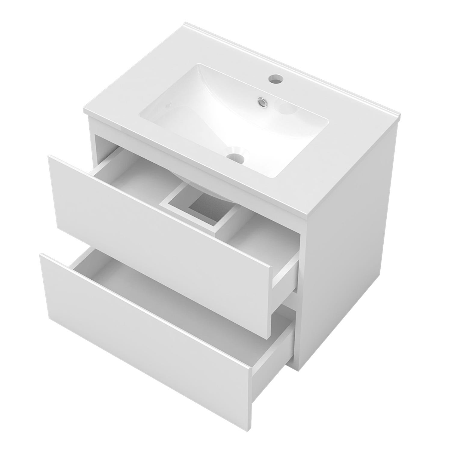 Ensemble meuble simple vasque 80cm 2 tiroirs + lavabo + colonne + miroir rond,blanc 1