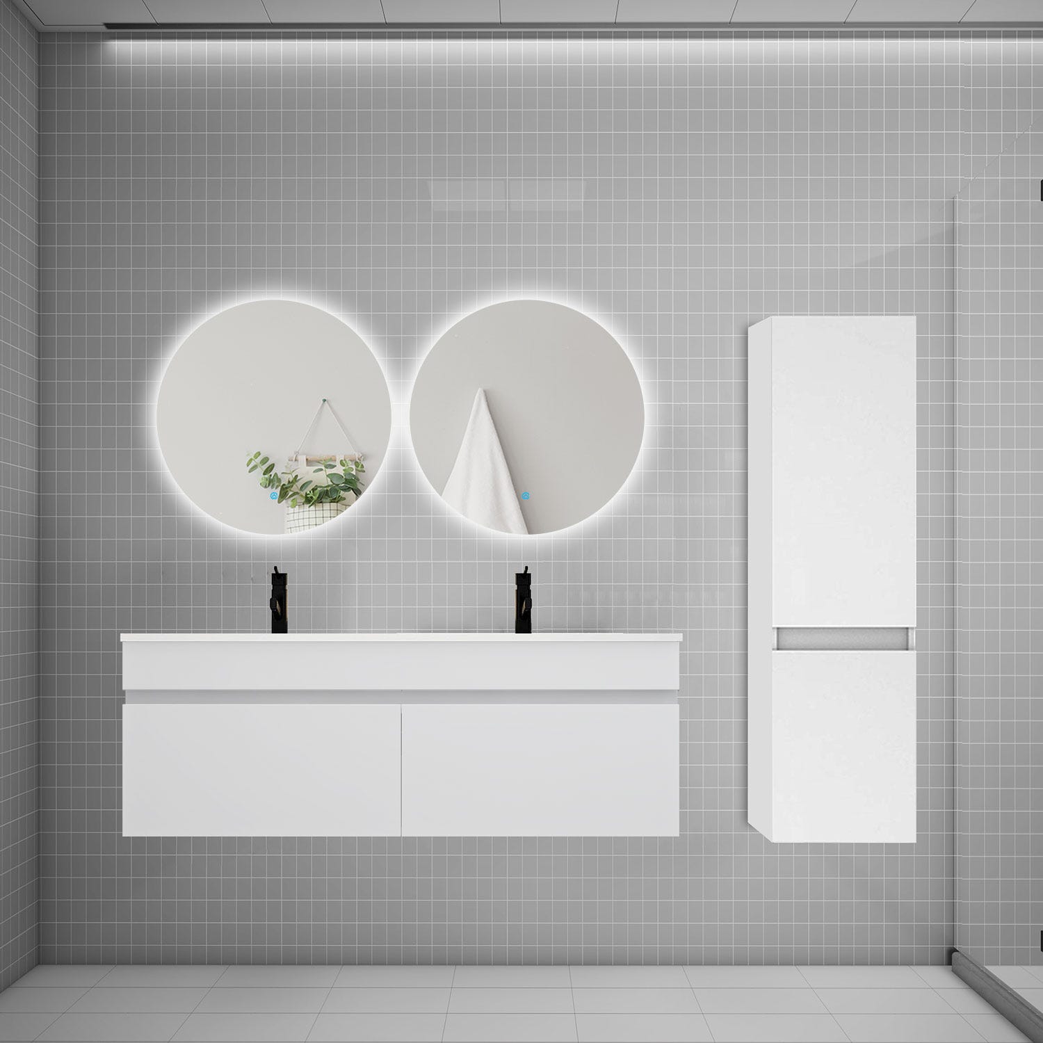 Ensemble meuble double vasque 120cm lavabo + colonne + miroir rond,blanc 0